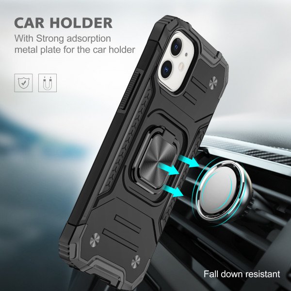 Wholesale Cube Style Armor Case with Rotating Ring Holder, Kickstand and Magnetic Car Mount Plate for iPhone 12 Pro Max 6.7 (Black)